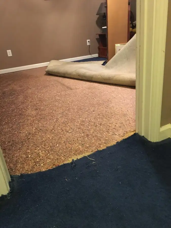 Carpet pad removal revealing water damage during Drying & Dehumidification in Trenton